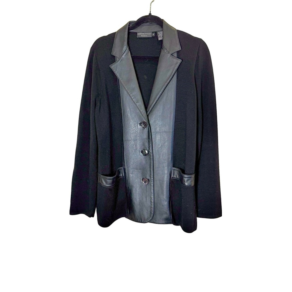 Dana Buchman Woman Black Knit Merino Wool Blazer with Leather Accents Sz 1X